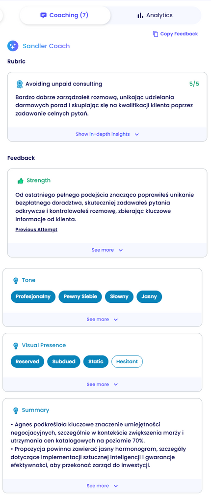 Panel feedbacku po sesji: ocena, mocne strony, ton i podsumowanie rozmowy