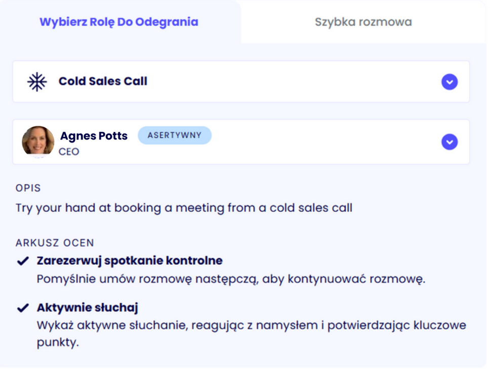 Ekran wyboru scenariusza i postaci klienta w Sandler AI Roleplay Coach